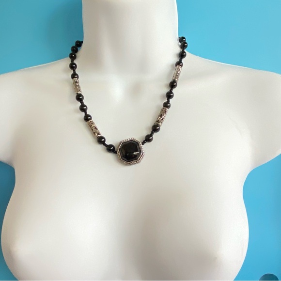 Black Onyx Statement Necklace With Beads Silver Tone Filagree Accents - Picture 11 of 11